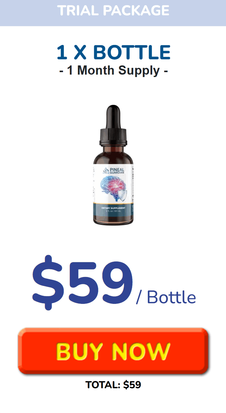 1-month supply of Pineal Guardian dietary supplement, priced at $59 per bottle. Includes a bold orange 'Buy Now' button for quick purchase. Premium supplement designed for brain health and wellness.