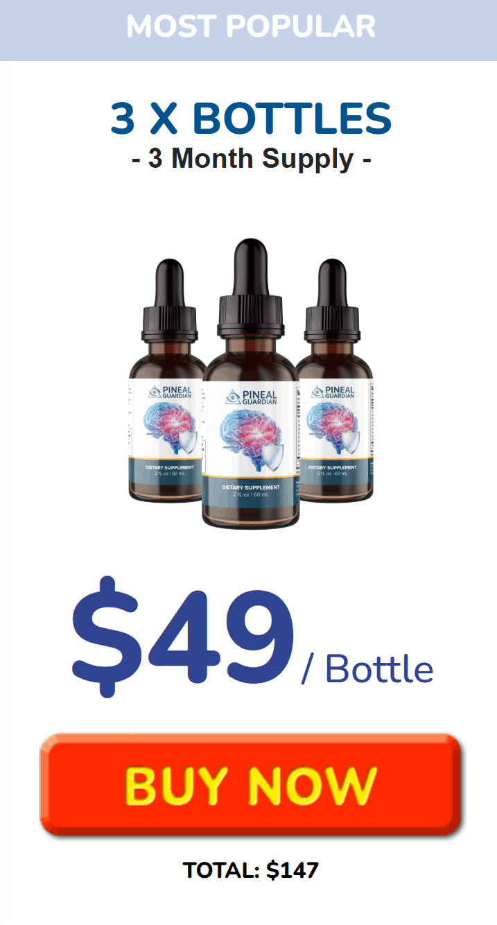 Three bottles of Pineal Guardian dietary supplement for a 3-month supply, priced at $49 per bottle, total cost $147.