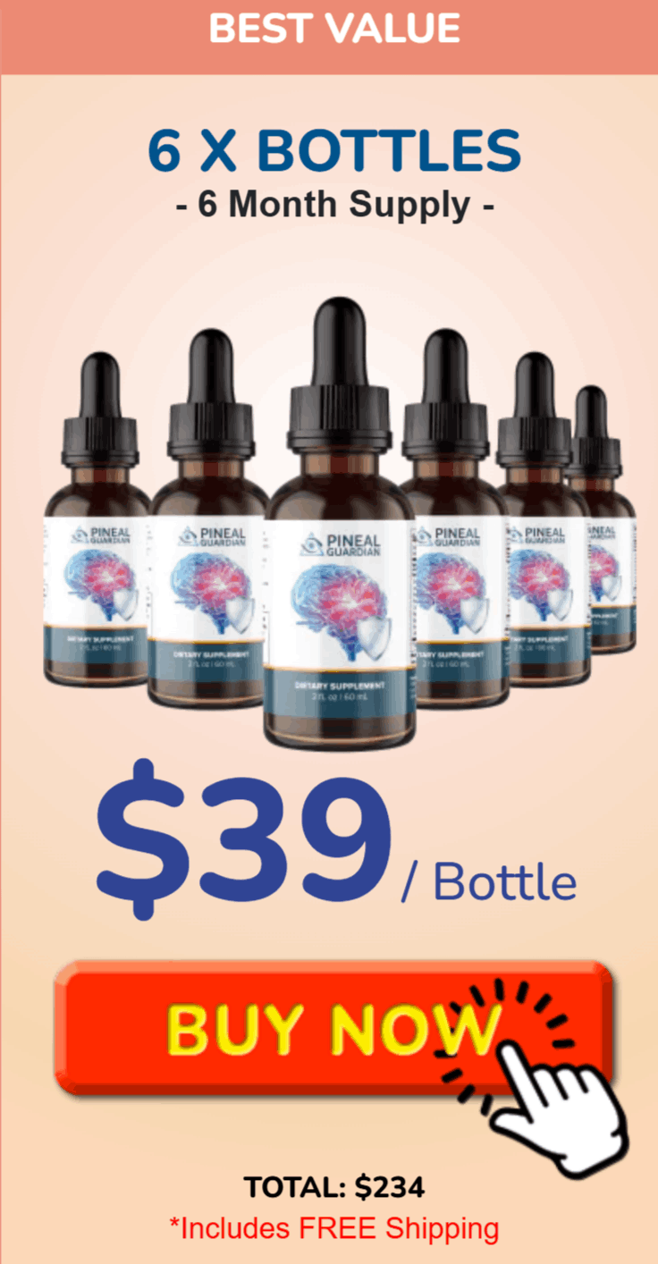 Six bottles of Pineal Guardian dietary supplement for a 6-month supply, priced at $39 per bottle, total cost $234, includes free shipping.