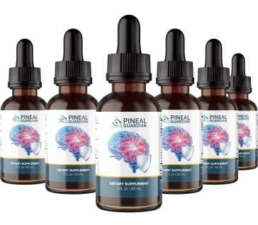 Image of six Pineal Guardian dietary supplement bottles arranged in a row, labeled as a 6-month supply, priced at $39 per bottle with a total cost of $234, including free shipping.